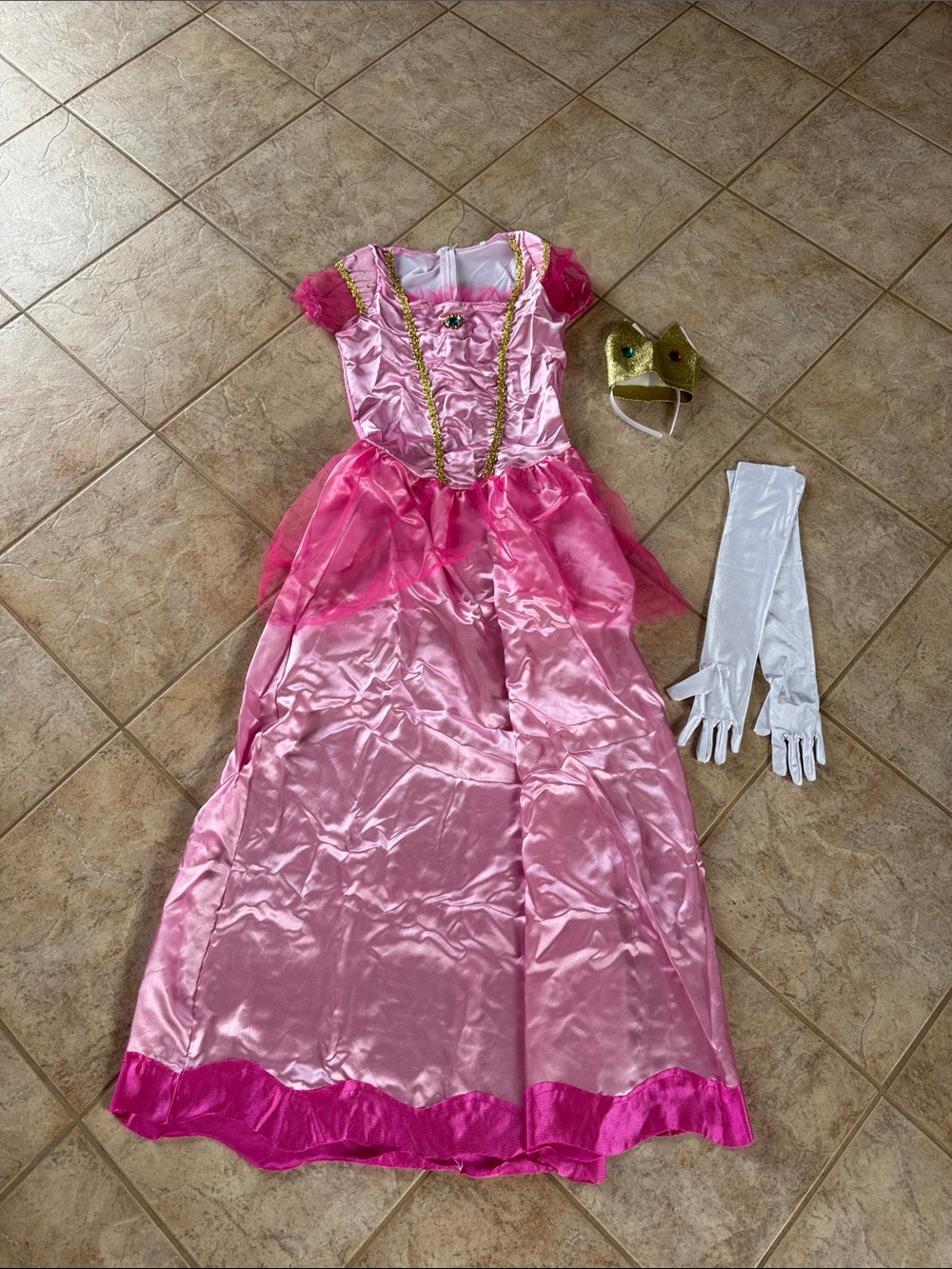Princess Peach Costume Dress with Gold Crown and White Gloves